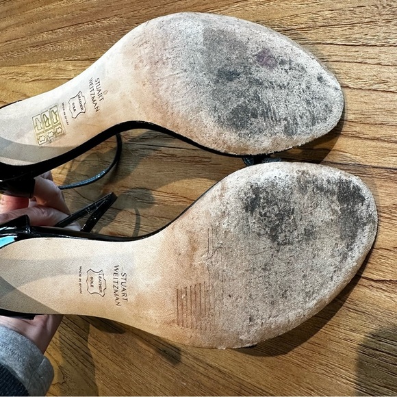 Stuart Weitzman Black Patent Leather Nudistsong Women’s Stiletto Heeled Sandals - Picture 10 of 13